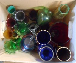 A box containing a quantity of assorted coloured glassware including Wedgwood mug, Venetian enamel