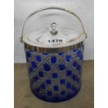 A blue and clear glass biscuit barrel with plated lid and mount