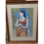 Dudley Holland: a framed vintage watercolour portrait of a woman wearing a red dress - 68cm X 48cm -