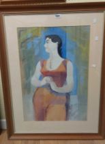 Dudley Holland: a framed vintage watercolour portrait of a woman wearing a red dress - 68cm X 48cm -