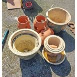 A quantity of garden pots, including glazed planters and terracotta strawberry pots - sold with