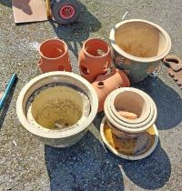 A quantity of garden pots, including glazed planters and terracotta strawberry pots - sold with
