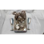 A box containing a small quantity of silver plated and other items including three piece tea set,