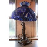 A modern Art Nouveau style table lamp with cast metal figural base, depicting a classical maiden and
