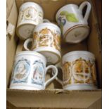 A box containing eleven Denby stoneware mugs including the 'England' series, etc.