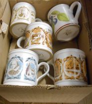 A box containing eleven Denby stoneware mugs including the 'England' series, etc.