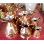 A set of five Victorian graduated copper measures - sold with a copper and brass lidded milk can