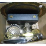 A cased set of silver coffee bean spoons, an 830 grade strainer spoon and two thimbles - sold with a