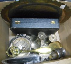 A cased set of silver coffee bean spoons, an 830 grade strainer spoon and two thimbles - sold with a