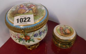 A 20th Century German porcelain box with lift-top and brass fittings decorated with a Watteau