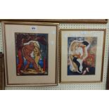 Dudley Holland: A gilt framed vintage polychrome lion cut print, depicting male and female nude