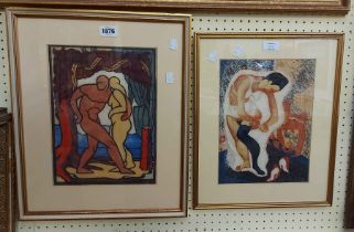 Dudley Holland: A gilt framed vintage polychrome lion cut print, depicting male and female nude