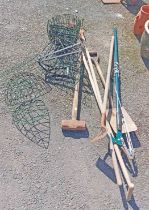 A quantity of flower baskets - sold with a quantity of garden tools