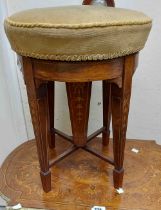 An old French inlaid rosewood revolving piano stool with velour upholstered seat, set on square