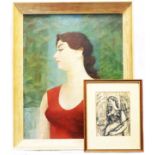 Dudley Holland: A framed vintage oil on canvas portrait of a woman wearing a red dress - 50cm X 40cm