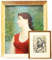 Dudley Holland: A framed vintage oil on canvas portrait of a woman wearing a red dress - 50cm X 40cm