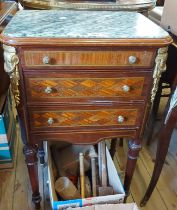 An old French mahogany pot cupboard with marble top and lining, drawer to top and two faux drawer