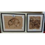 Dudley Holland: two framed small format ink sketches, one depicting a sleeping cat, the other two