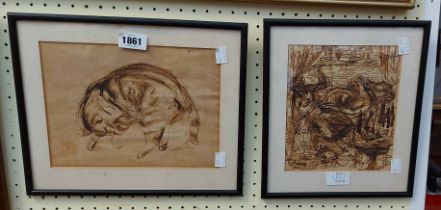 Dudley Holland: two framed small format ink sketches, one depicting a sleeping cat, the other two