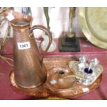 A quantity of assorted metalware including repousse decorated copper tray, Sankey copper jug, etc.
