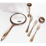 A bag containing scrap silver items comprising hand mirror, bud vase, napkin ring and three forks