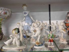 A large Metzler & Ortloff German porcelain figurine, depicting a woman and two cherubs, a set of six