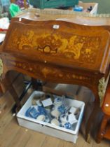 A 77cm old French inlaid chevron kingwood veneered bombe bureau with brass gallery to top, drawer