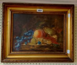 L.A. Cross: a gilt framed oil on canvas board still life with fruit - details verso being a copy