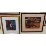 Dudley Holland: two framed vintage coloured prints, one an abstract still life, the other a study of