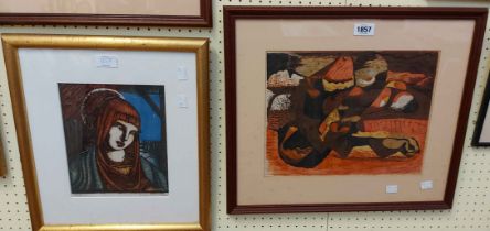 Dudley Holland: two framed vintage coloured prints, one an abstract still life, the other a study of