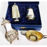 A cased pair of Thai marked 'sterling 925' shakers - sold with an English silver pepperette and oval