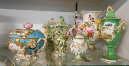 Five pieces of 19th Century flower encrusted English bone china comprising pair of Rockingham