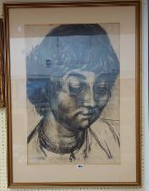 Dudley Holland: a gilt framed charcoal portrait of a woman wearing a necklace - 74cm X 50cm