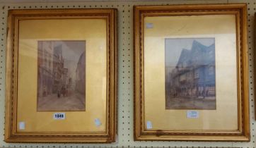 A.H. Enock: a pair of gilt framed late 19th Century watercolours, both depicting street scenes in