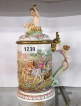A Nepals porcelain lift-top tankard with typical moulded decoration, depicting boar hunting and