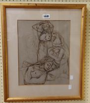 Dudley Holland: a gilt framed ink sketch study of four female figures