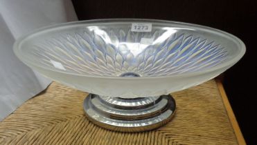 An Art Deco opalescent Art Glass bowl with chrome plated stepped pedestal stand