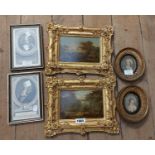 Two antique ornate gilt framed small format varnished oils on panel, both depicting landscapes -