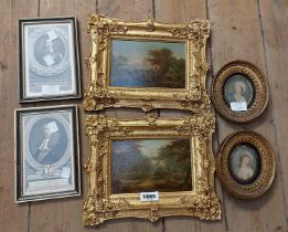 Two antique ornate gilt framed small format varnished oils on panel, both depicting landscapes -