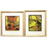 Dudley Holland: two framed polychrome lino cut prints, one entitled 'Flower Pots', the other