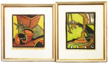 Dudley Holland: two framed polychrome lino cut prints, one entitled 'Flower Pots', the other