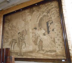 A pair of very large tapestry style wall hangings with wooden frames