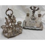 An antique silver plated six place egg cruet set of pierced design - sold with a harlequin four