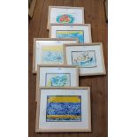 Six matching framed modern watercolours, depicting vessels, landscape and still life
