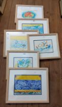 Six matching framed modern watercolours, depicting vessels, landscape and still life