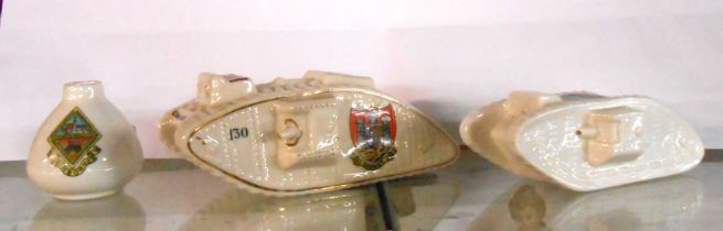 A Carlton China WWI period crested tank model HMLS and crest for Dorset - sold with a similar Goss