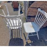 Three matching white painted wood stick back dining chairs