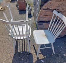 Three matching white painted wood stick back dining chairs