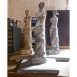 Three plaster models, depicting classical Roman female statues, with antiqued finish