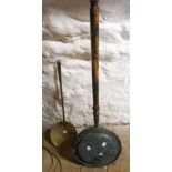 A 19th Century copper bed warming pan with painted handle - sold with a brass skimmer